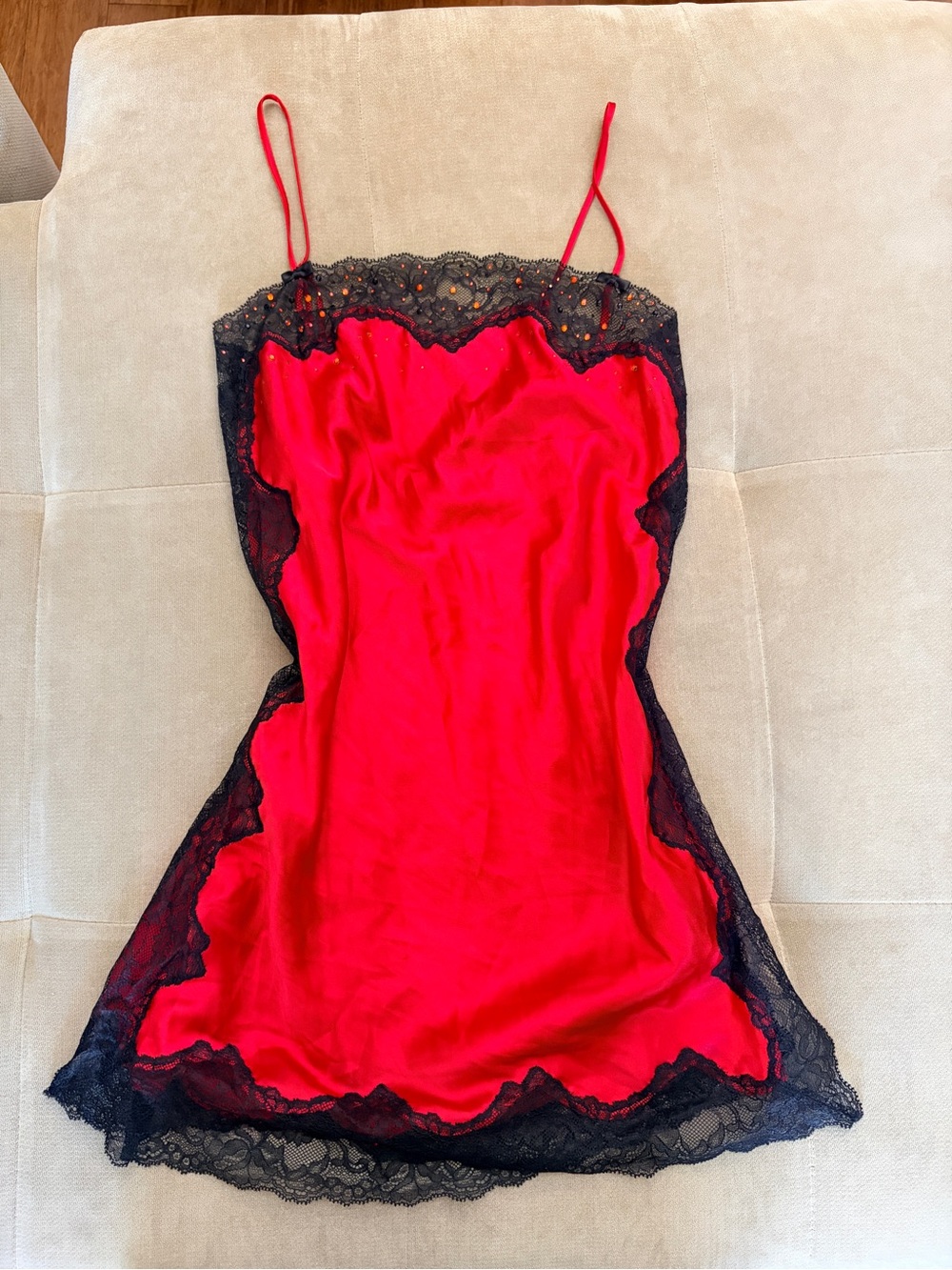 Victoria's Secret Red Satin Chemise with Black Lace Trim